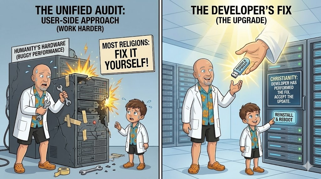 Conceptual visual summarizing the comparative logic audit of major world religions, showing a digital interface or chart connecting the problems, solutions, and afterlife outcomes for Hinduism, Buddhism, Judaism, Islam, and Christianity